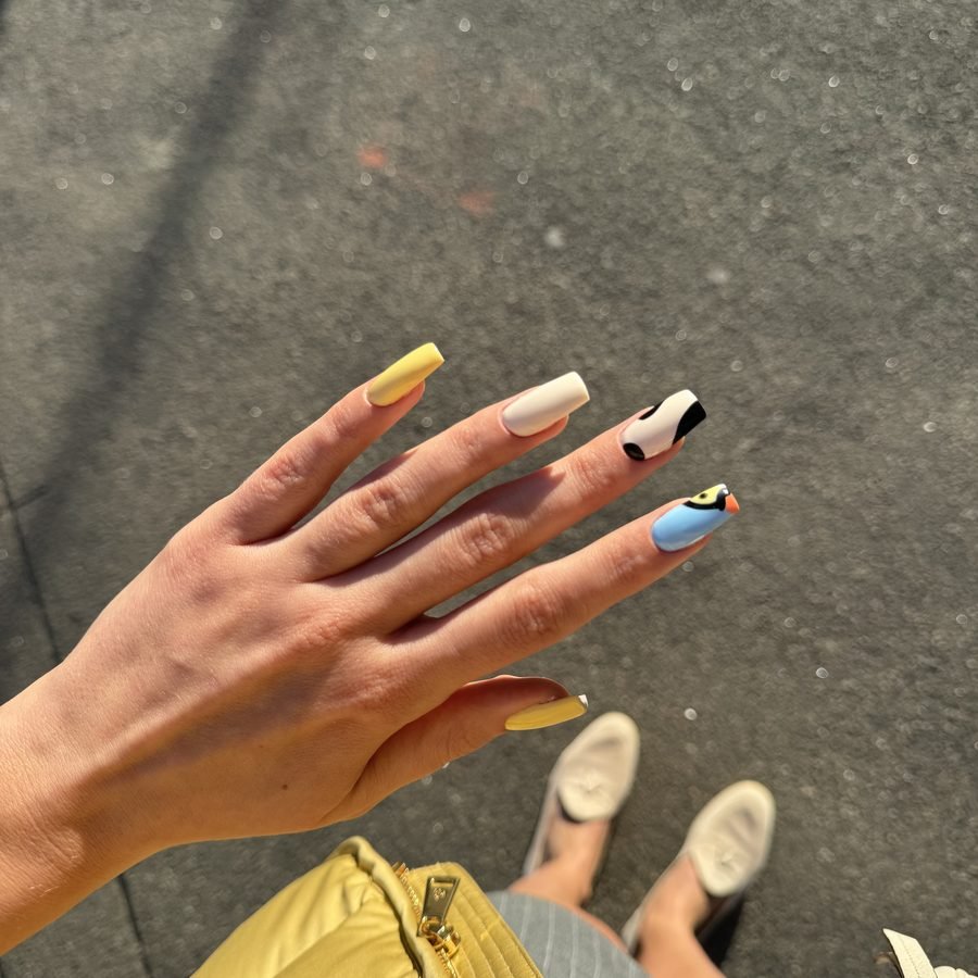 Nail art design — long extensions with custom pattern, AM NAIL studio Kyiv